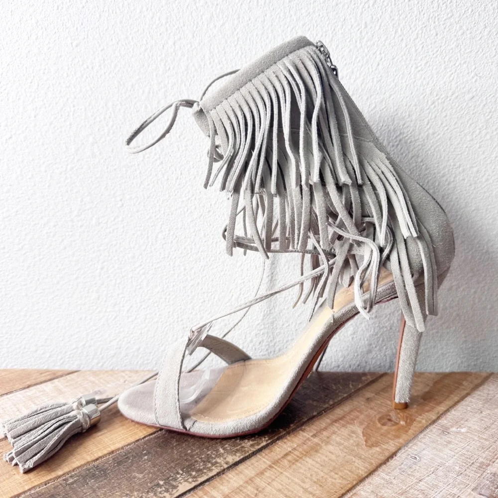 Shultz kagi Fringed Gray/Beige Lace Up Heels - Picture 4 of 16